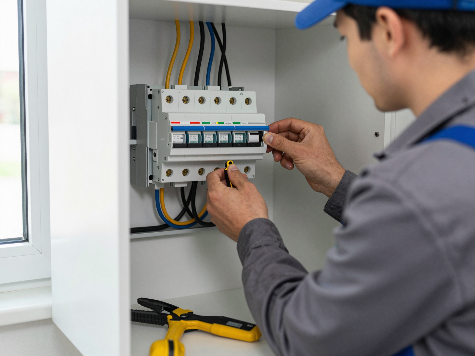 Licensed electrician installing residential circuit breaker panel