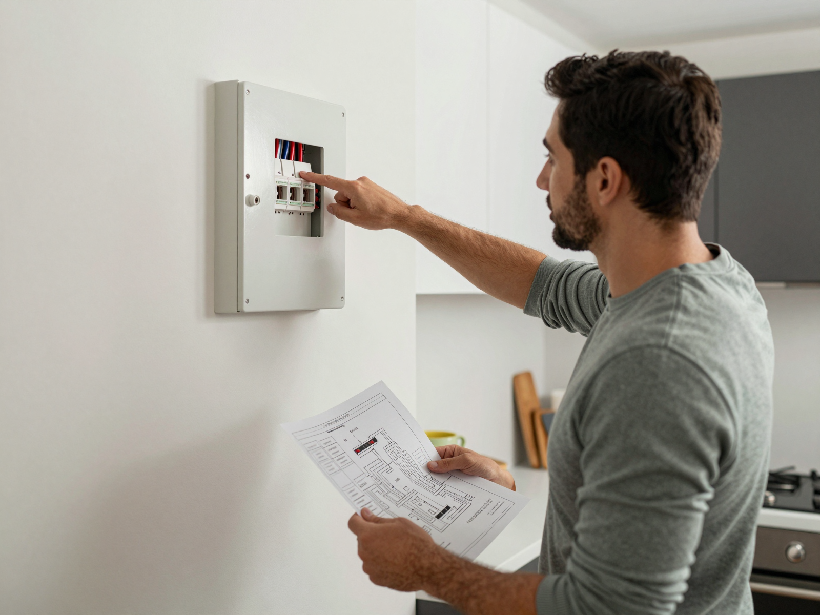 Electrician working on residential electrical panel with satisfied homeowner